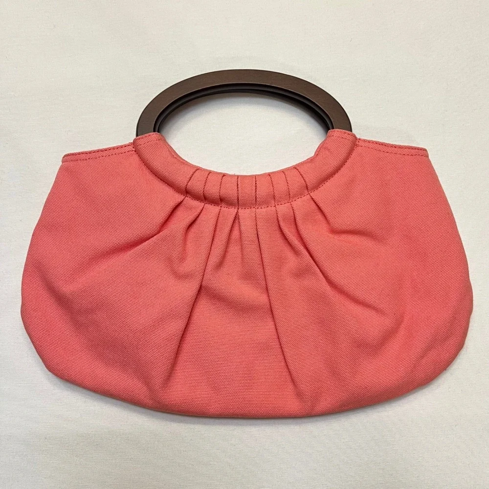 Ann Taylor Loft Coral Canvas Pleated Wood Handle Satchel Handbag Summer Purse
